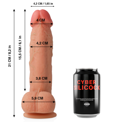 Dildo realístico com medidas e lata preta com texto CYBER SILICOCK