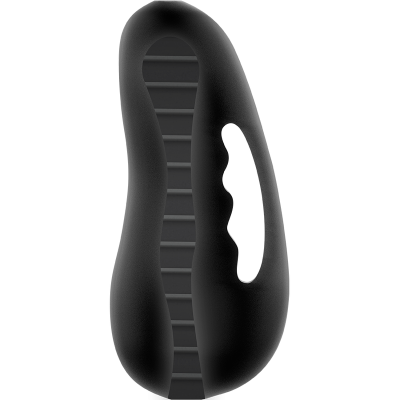 Dispositivo preto ergonómico com ranhuras e área recortada para agarre