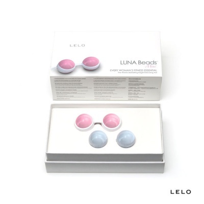 Caixa branca com conjunto de bolas LUNA Beads da LELO, duas rosas e duas azuis
