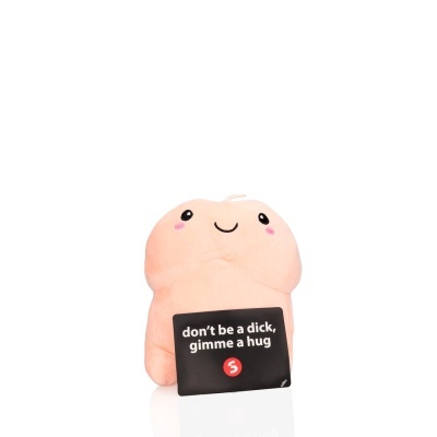 Pelúcia cor de rosa sorridente com placa preta com texto em inglês.