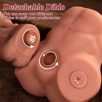 Torso masculino com dildo destacável removido e texto em inglês