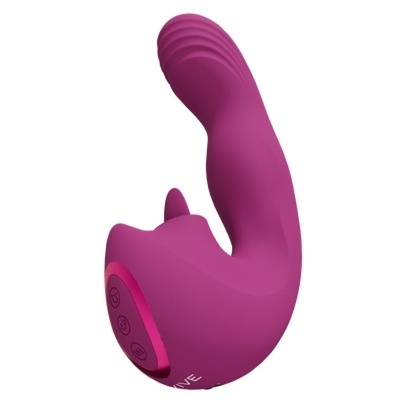 Vibrador de silicone roxo com botões de controlo pretos e design curvado