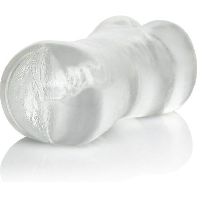 Produto transparente de silicone em forma anatómica masculina sobre fundo branco