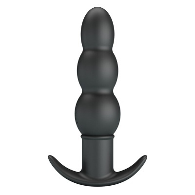 Plug anal preto de silicone com três esferas e base curva