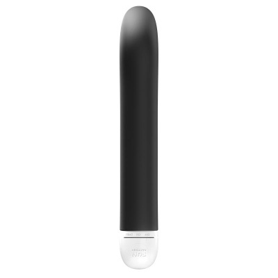 Vibrador preto com base branca e controles em fundo branco