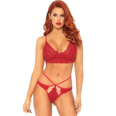 Conjunto lingerie vermelho em renda com tiras cruzadas