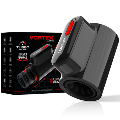 Dispositivo eletrônico cilíndrico preto com botão vermelho e embalagem VORTEX