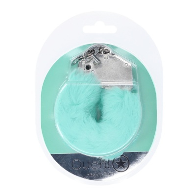 Algemas metálicas com capa felpuda azul claro na embalagem