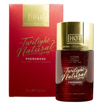 Frasco e embalagem de perfume feminino Twilight Natural Spray Pheromone em vermelho e dourado