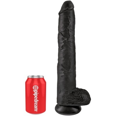 Dildo preto grande com ventosa ao lado de lata vermelha com texto