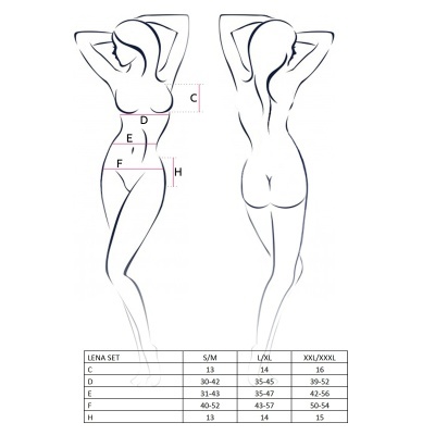 Desenho esquemático corpo feminino com marcação de medidas e tabela de tamanhos LENA SET.