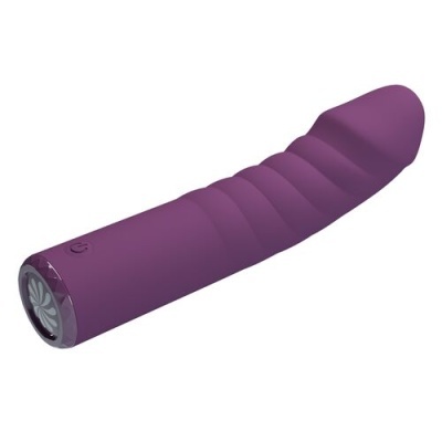 vibrador roxo com textura estriada e botão de energia
