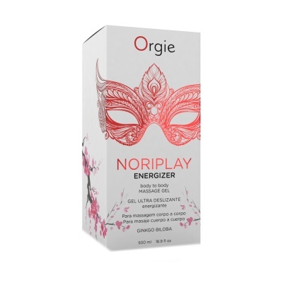Caixa branca de gel de massagem Orgie Noriplay Energizer com máscara vermelha e flores rosa