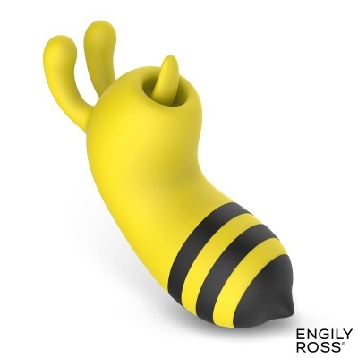 Objeto amarelo abstrato com riscas pretas e texto ENGILY ROSS