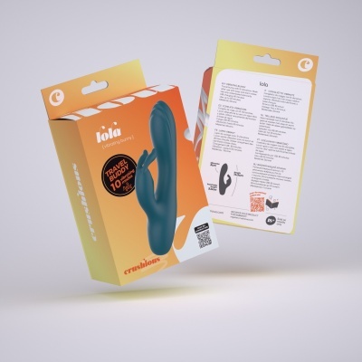 Embalagem de produto sexual azul Lolo em caixa laranja e amarela com texto informativo no verso