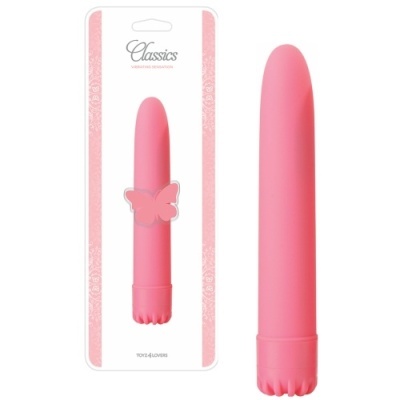 Vibrador rosa clássico com embalagem branca e rosa