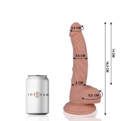 dildo de silicone com medidas ao lado de lata branca com texto INTENSE