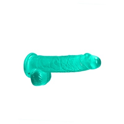 Dildo anatómico translúcido azul-turquesa com textura veios e ventosa na base