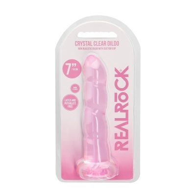 Dildo rosa translúcido embalado com texto em inglês e marca REALROCK