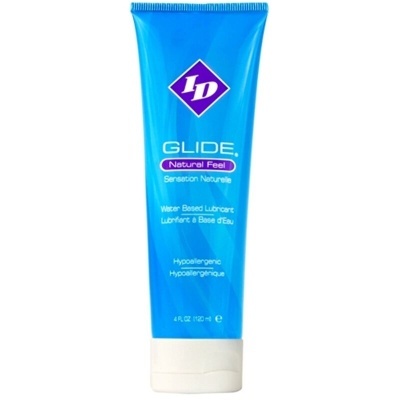 Frasco de lubrificante ID Glide Natural Feel azul e branco