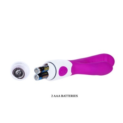 Vibrador cor de rosa com tampa removida e pilhas AAA visíveis