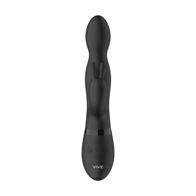 Massageador vibratório preto com forma curva e relevo de orelhas de coelho