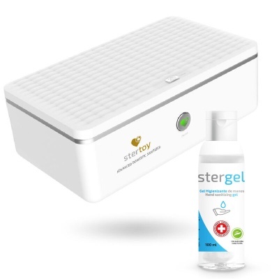Dispositivo desinfetante branco Stertoy e frasco de gel higienizante Stergel 100 ml