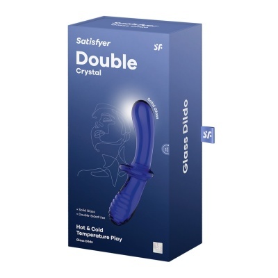Caixa azul com imagem de dildo de vidro sólido e texto em inglês da marca Satisfyer.