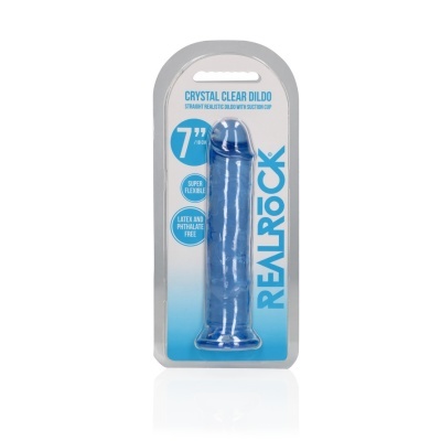Dildo azul translúcido com ventosa em embalagem blister.