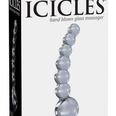 Embalagem do massajador de vidro ICICLES com imagem do produto transparente e esférico.