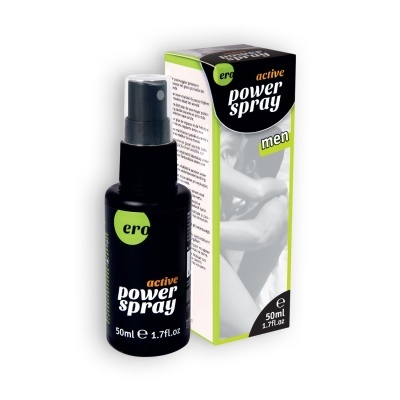 Spray power active em frasco preto e embalagem de cartão com imagem de casal