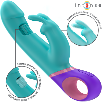 Vibrador azul-turquesa com estimulação de ponto G e clitóris, base roxa com rosa e botões