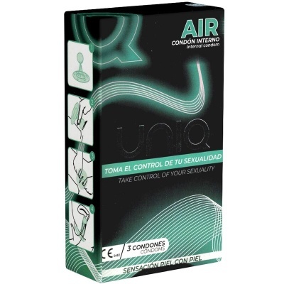 Embalagem de preservativos internos Uniq AIR preta e verde com instruções ilustradas
