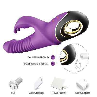Vibrador roxo com detalhes dourados e botão preto, com acessórios USB para carregamento