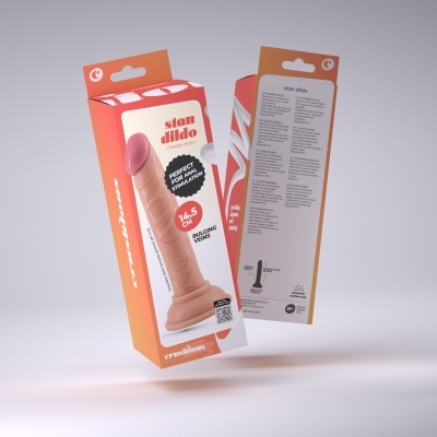Embalagens de dildo flexível com cores laranja e branco, texto multilingue e QR code.