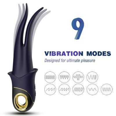 Vibrador preto com múltiplos tentáculos e texto sobre modos de vibração