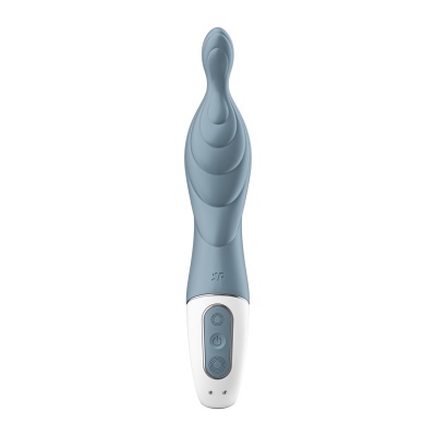 Vibrador azul com design ondulado em silicone e base branca com botões azuis