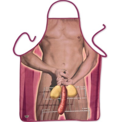 Avental com imagem de torso masculino nu e grelha com batatas e salsicha
