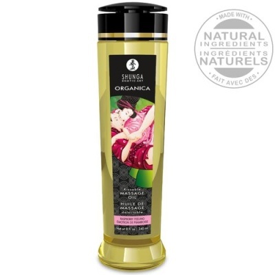 Frasco amarelo com tampa preta de óleo de massagem Shunga Organica