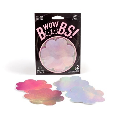 Pasties adesivos em forma de flor em cores iridescentes com embalagem preta e texto