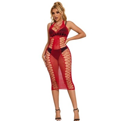 Vestido vermelho de malha com padrão de rede e tiras cruzadas