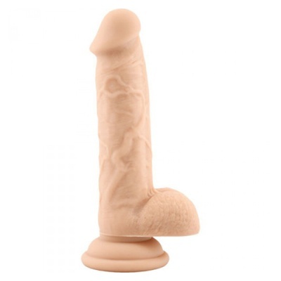 Dildo realista cor pele com base circular e saco escrotal