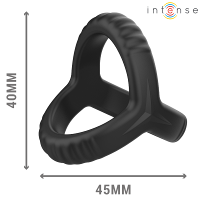 Anel preto com textura ondulada e logo intense ao fundo