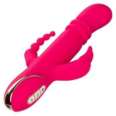 Vibrador rosa com botões brancos e dourados em fundo branco