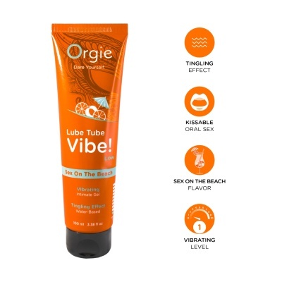 Frasco de gel íntimo vibratório laranja da marca Orgie com ilustrações e texto