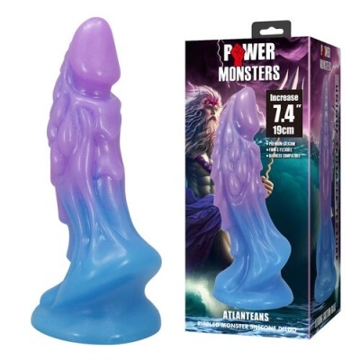 Dildo roxo e azul de silicone com textura ondulada e embalagem com texto