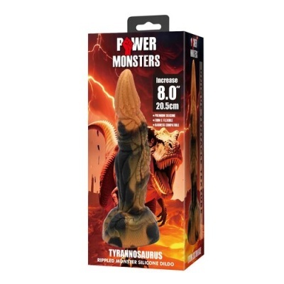 Dildo de silicone com formato de dinossauro Tyrannosaurus em embalagem colorida