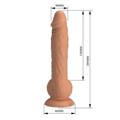 Dildo de cor pele com medidas indicadas ao lado