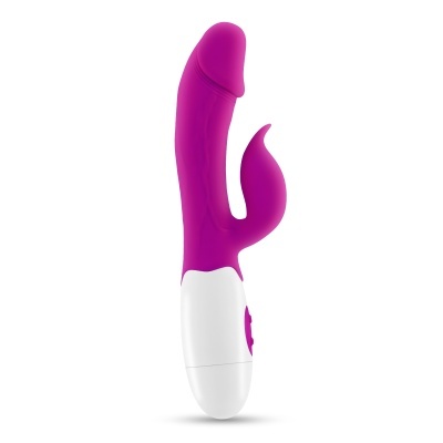 Vibrador rosa e branco com detalhe curvo e botão na base