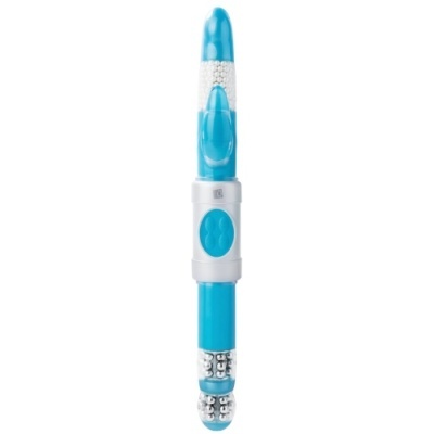 Instrumento de massagem azul e branco com esferas metálicas e pequenas esferas brancas